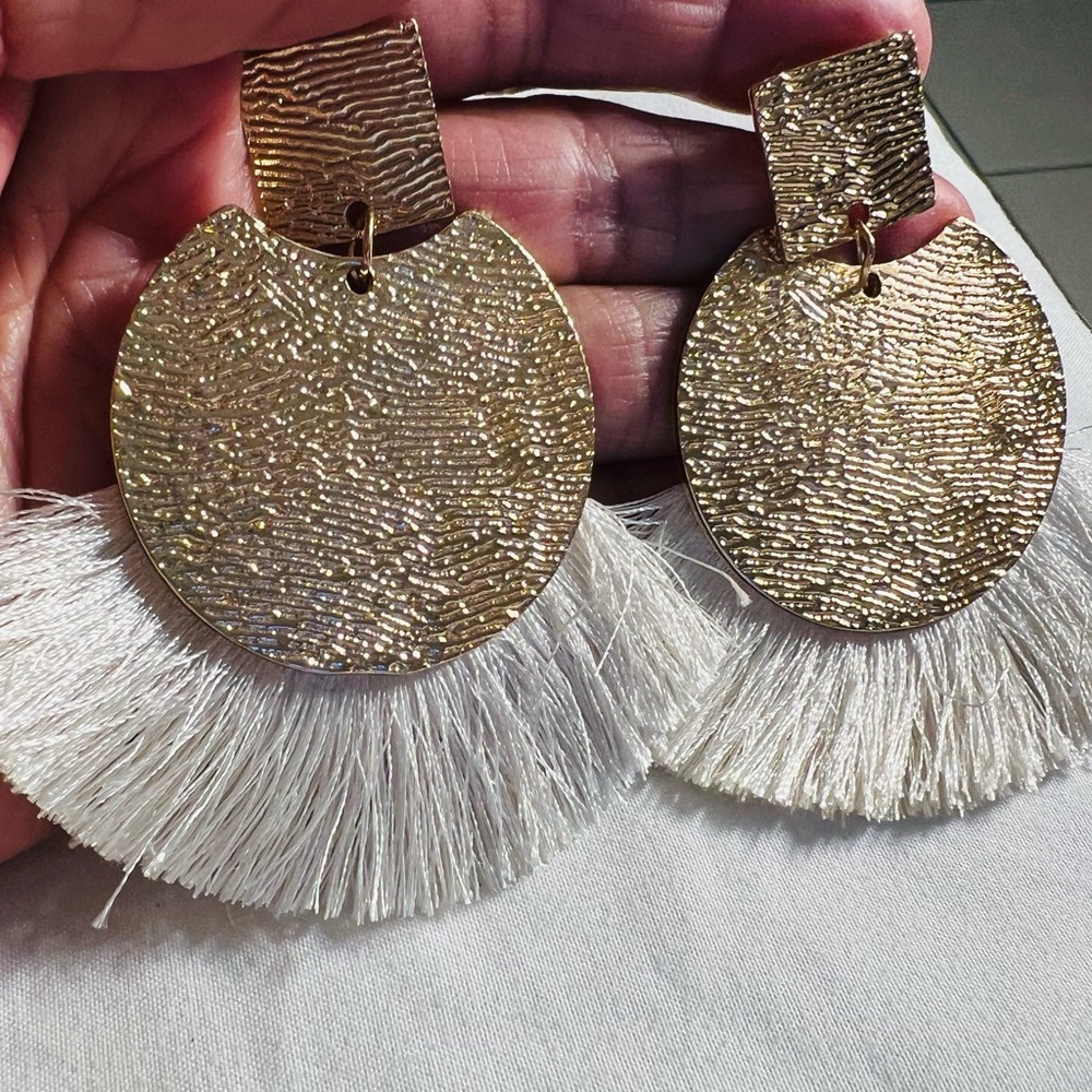 Gold Tone Tropical Resort Textured Dangle Earrings W/ White Silk Thread Fringe